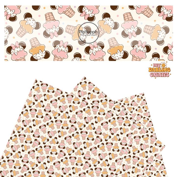 Vanilla ice cream with mouse ears, sprinkles, bows, and polka dots on cream faux leather sheets