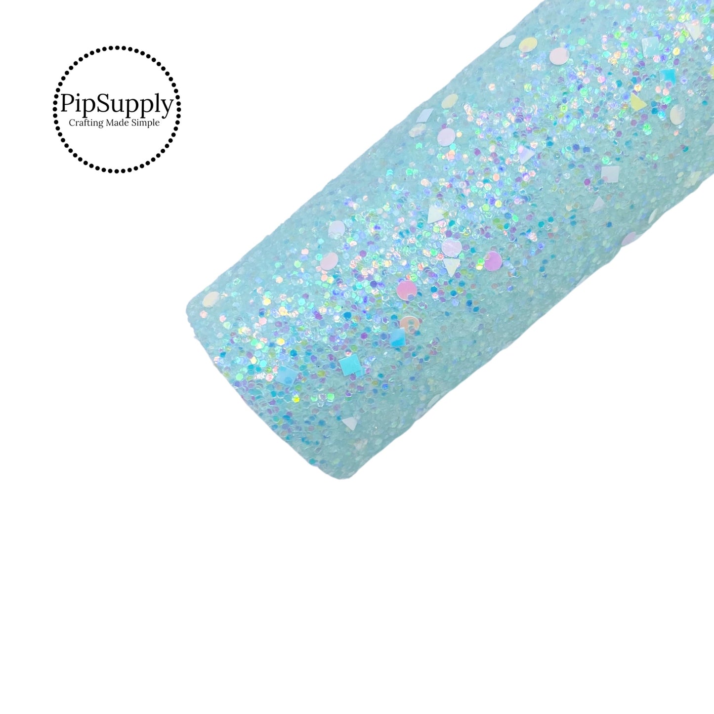 blue, pink, peach, and yellow circles, squares, and triangles on light blue chunky glitter sheet