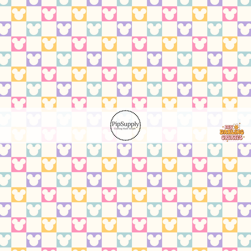 Mouse head cutout on pastel checkered bow strips