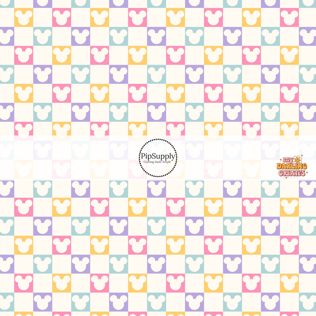 Mouse head cutout on pastel checkered bow strips