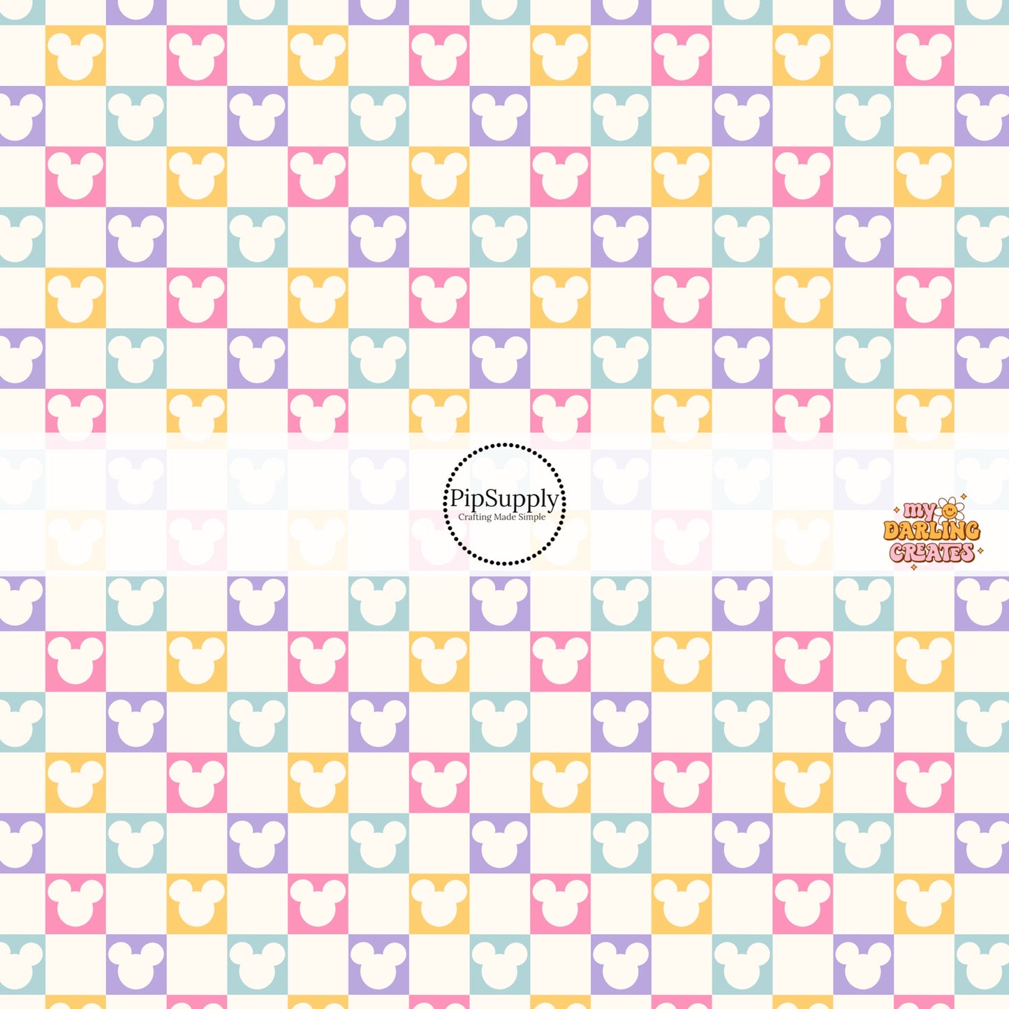 Mouse head cutout on pastel checkered bow strips