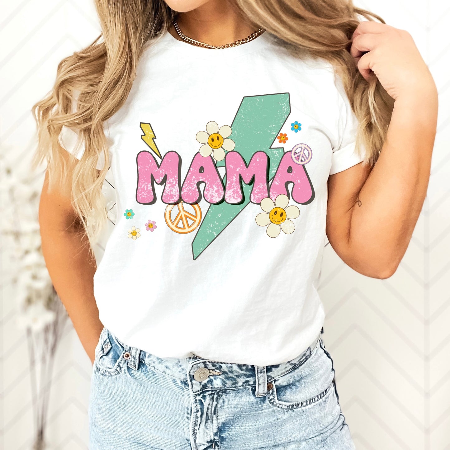 teal lighting bolt with the phrase "Mama" - Sublimation Iron on transfer