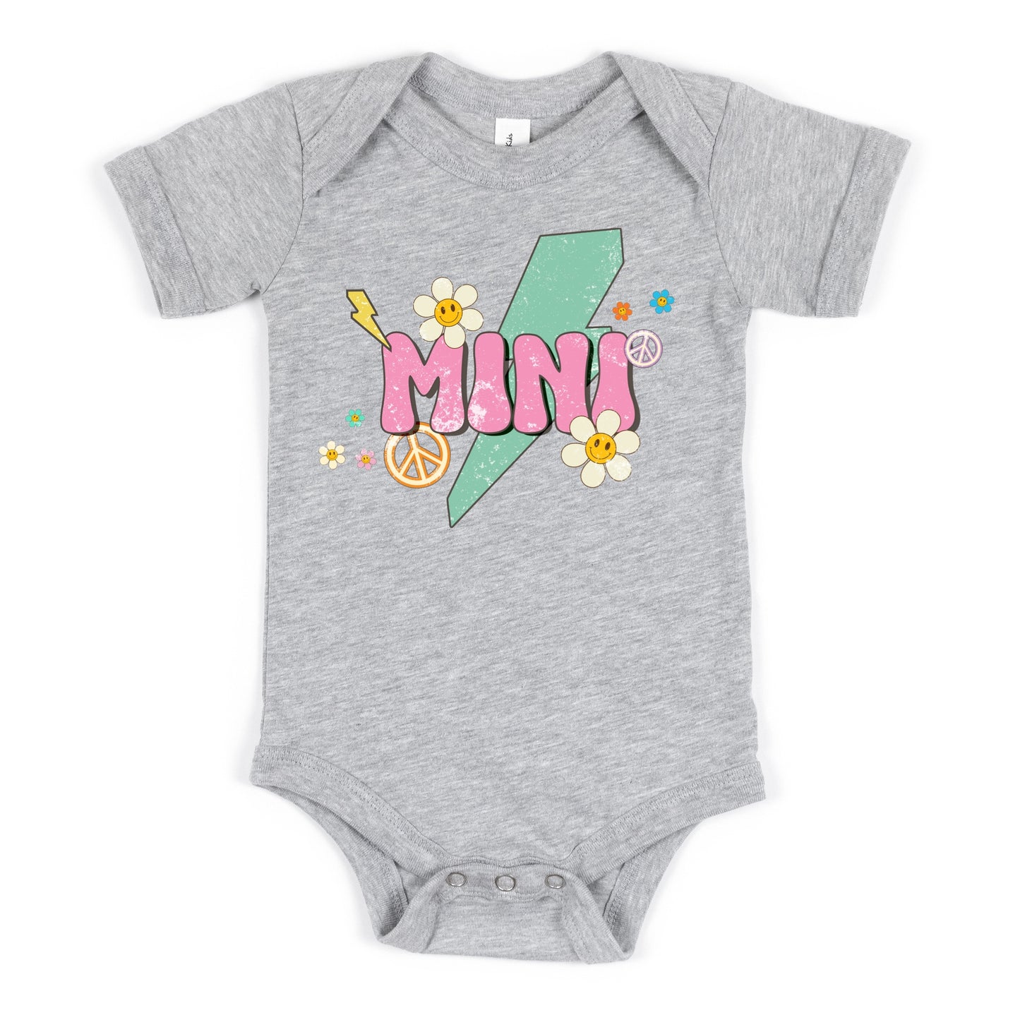 Teal Lighting bolt, flowers, and the word "Mini" - Heat Transfer Iron on - Sublimation Iron on