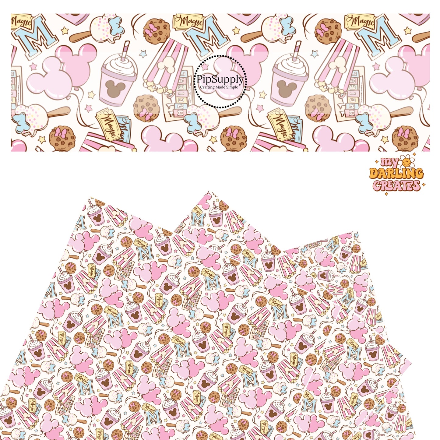 Popcorn, milkshakes, ice cream, and cookies with mouse park tickets faux leather sheets