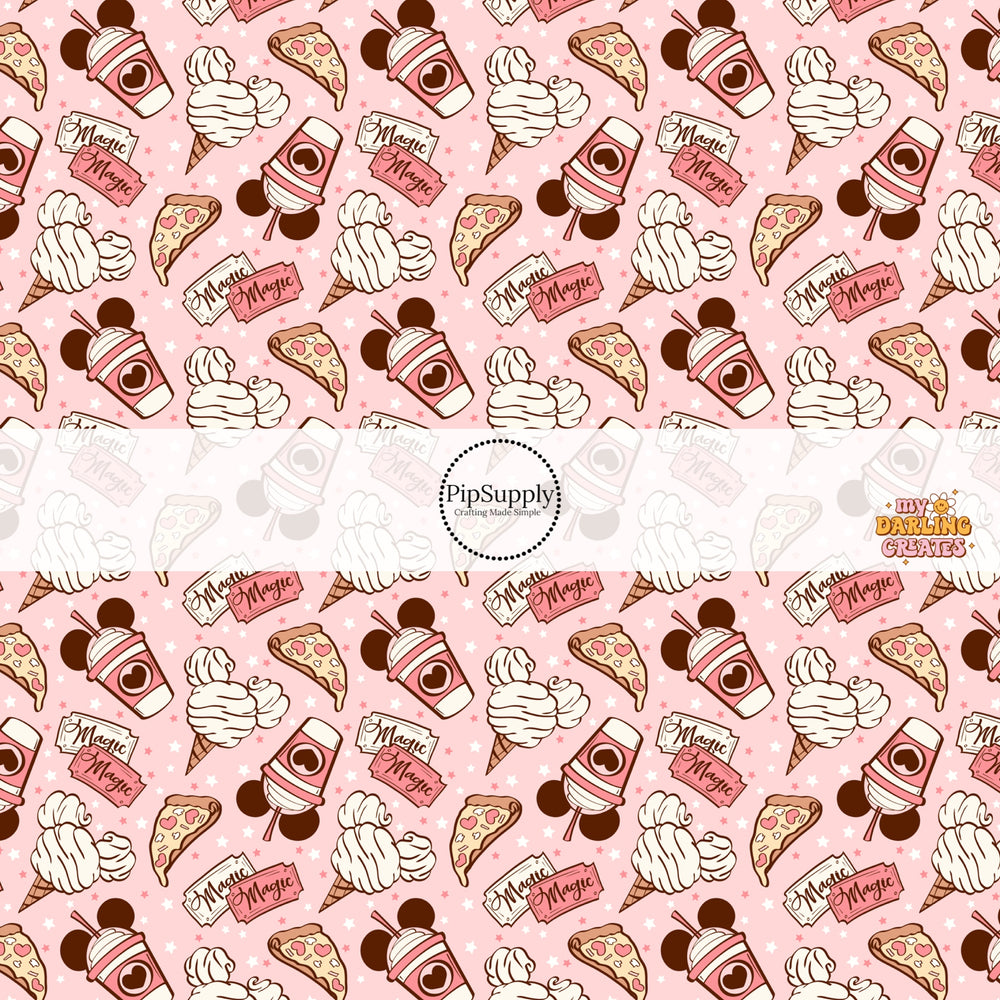 Mouse head snacks and pizza with stars on light pink bow strips