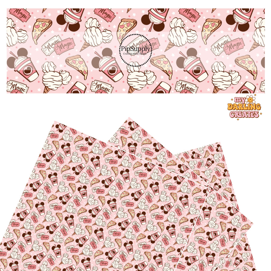 Mouse head ice cream, milkshake, pizza, and tickets on pink faux leather sheets