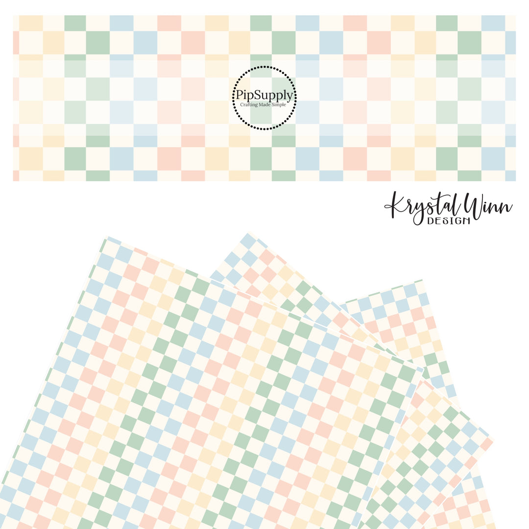 blue, pink, yellow, and green checker with cream tiles faux leather sheets