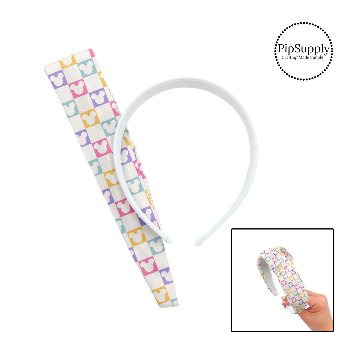 Pink, purple, aqua, and yellow checkered with mouse head cutout on cream checkered knotted headband