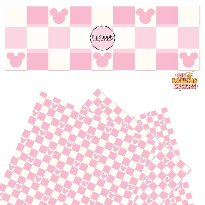 Light pink mouse head on cream checkered with pink tiles faux leather sheets