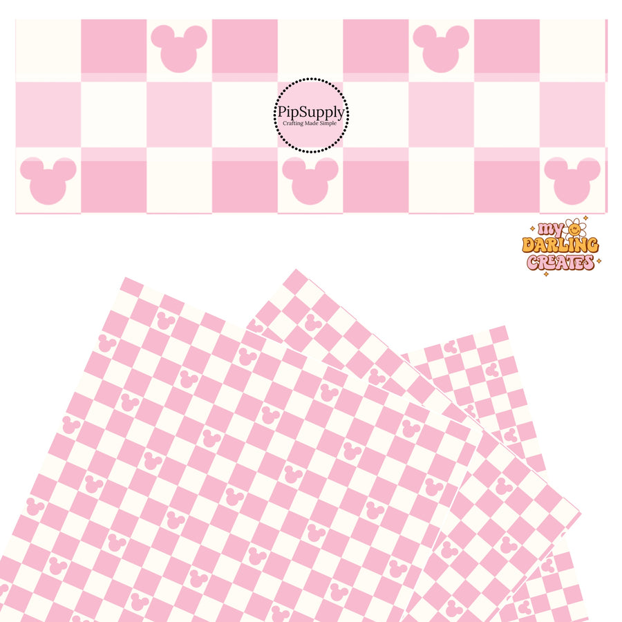 Light pink mouse head on cream checkered with pink tiles faux leather sheets