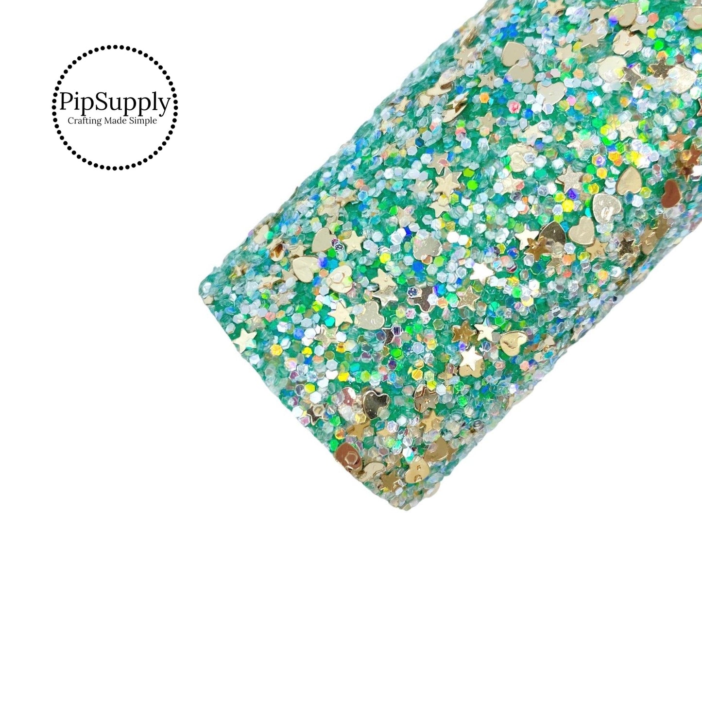 Gold hearts and stars on sea green chunky glitter sheet