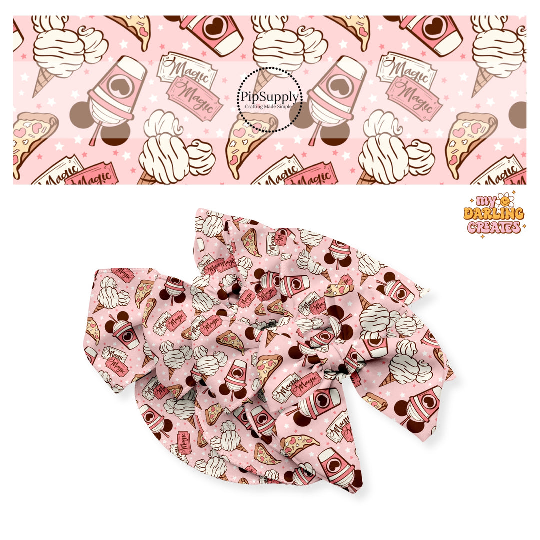 Pink mouse head milkshake, cream mouse head ice cream, pizza with hearts, and tickets with magic on light pink with stars bow strips