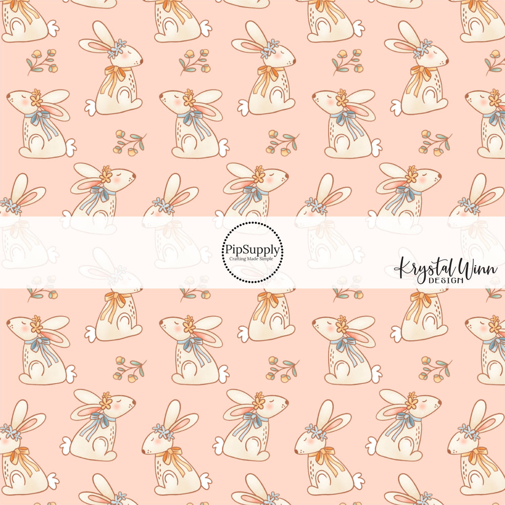 Flowers with bunnies wearing floral crowns on pink bow strips