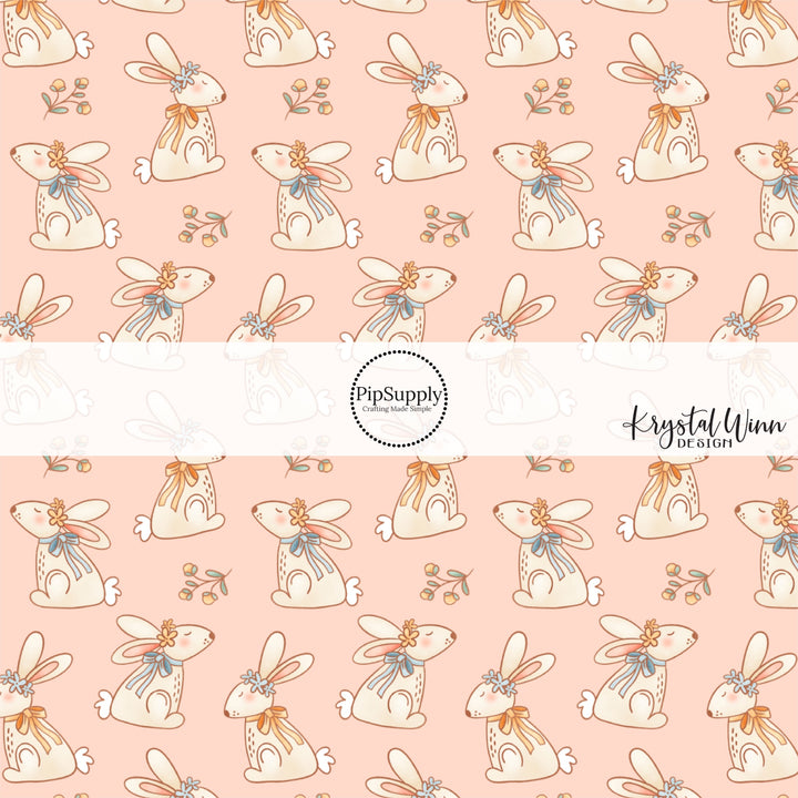 Flowers with bunnies wearing floral crowns on pink bow strips