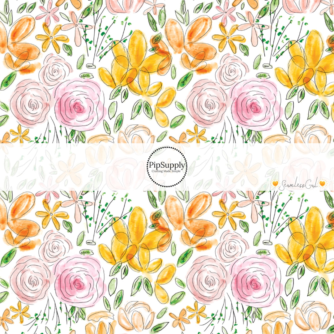 watercolor drawn flowers on white bow strips