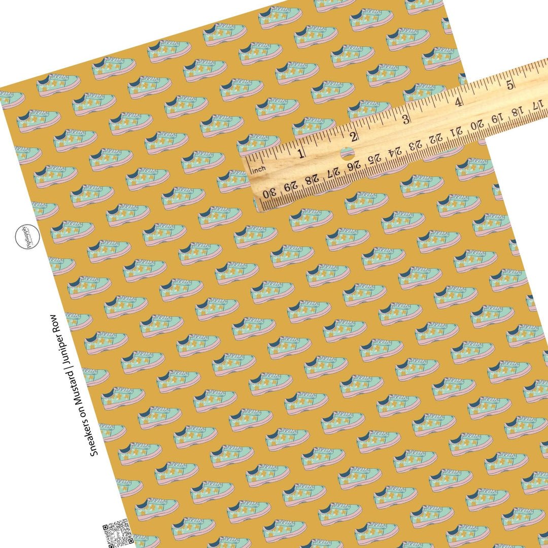 Sneakers on Mustard Faux Leather Sheets