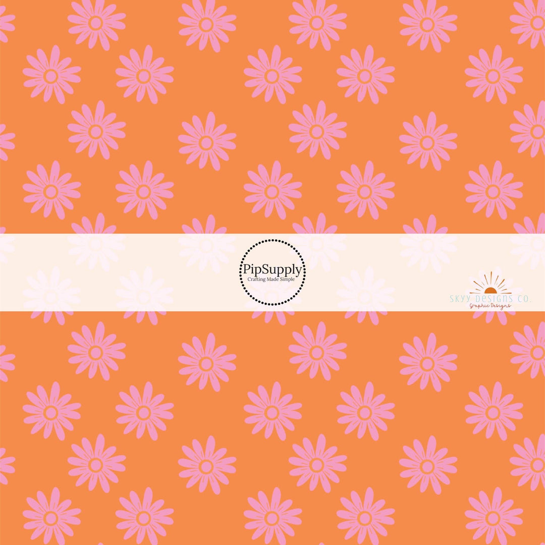 Pink Flowers on Sunset Orange Hair Bow Strips