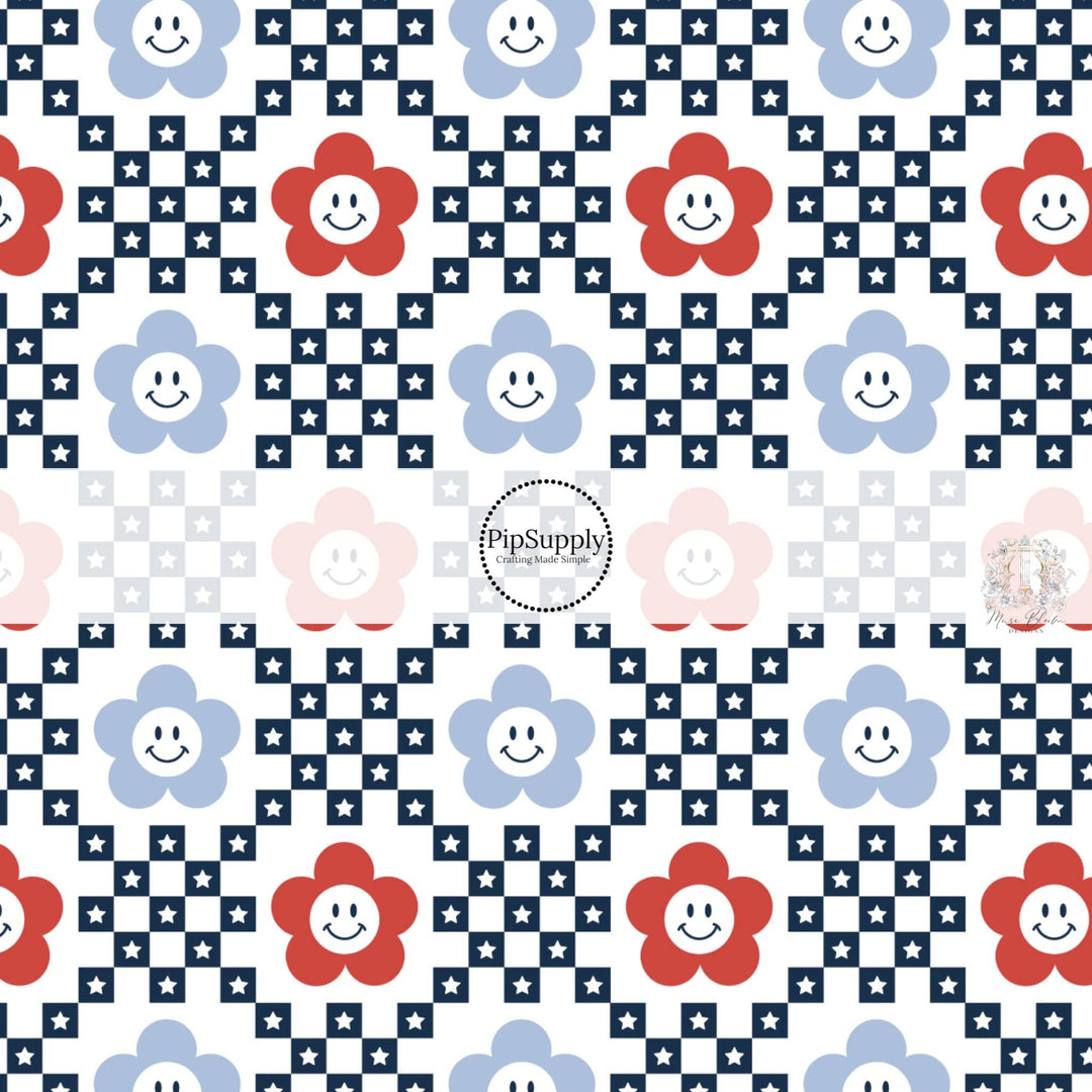 Patriotic Daisy and Stars Checkered Hair Bow Strips