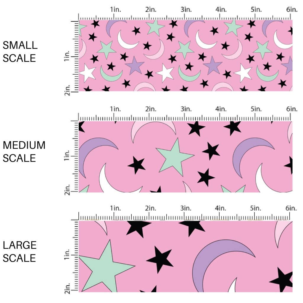 Multi Moons and Stars Pink Fabric By The Yard