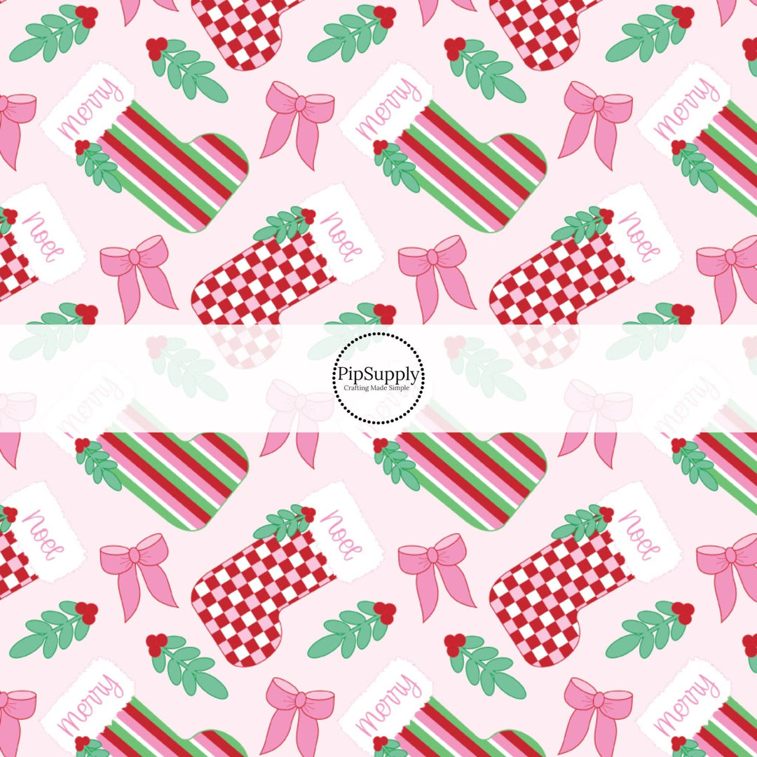 Pink Christmas Stockings Hair Bow Strips