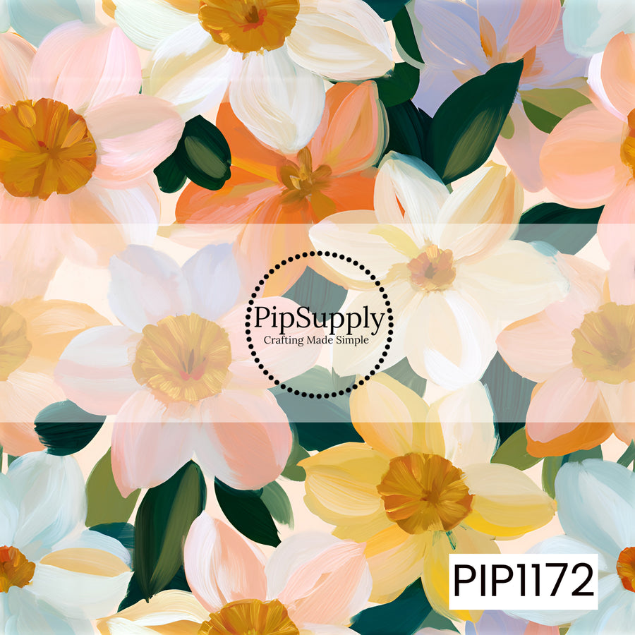 A soft painterly floral featuring oversized daffodils in blush pink, creamy white, buttery yellow, and peachy orange, layered with rich deep green leaves for a fresh, dreamy garden feel.
