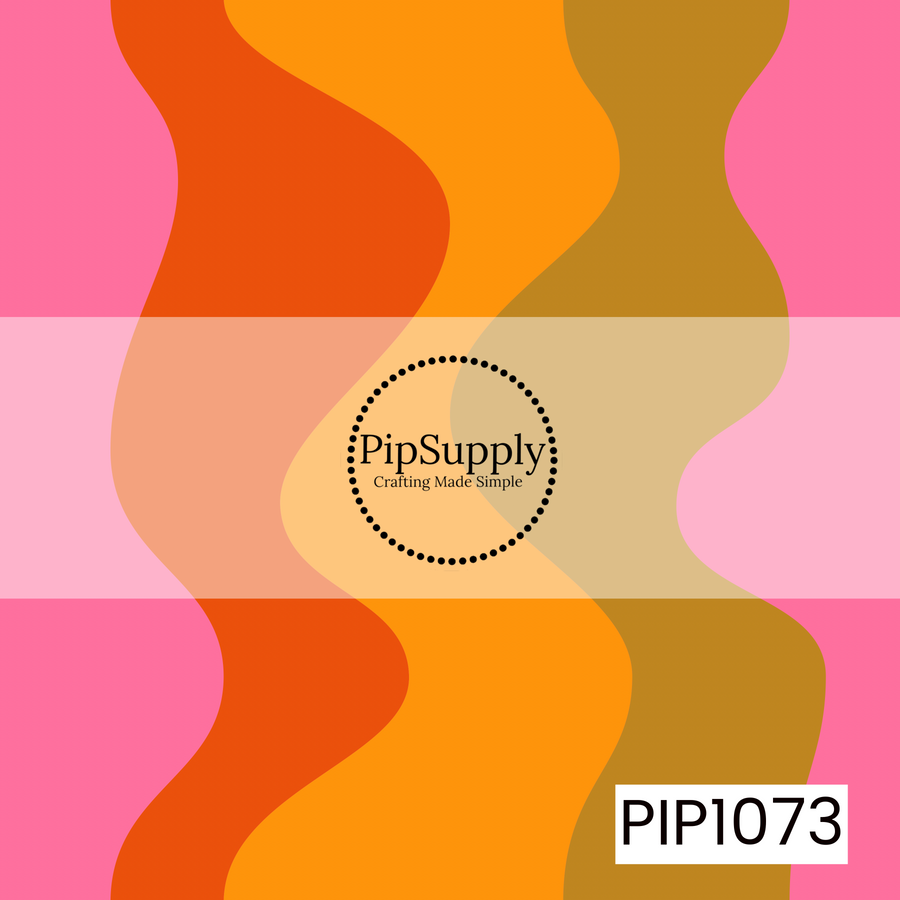 A bold retro-inspired pattern featuring flowing wavy stripes in shades of hot pink, bright orange, golden mustard, and warm caramel. The vibrant color palette and smooth organic curves create a playful vintage feel with a modern twist, making it a fun coordinating design for seasonal collections.
