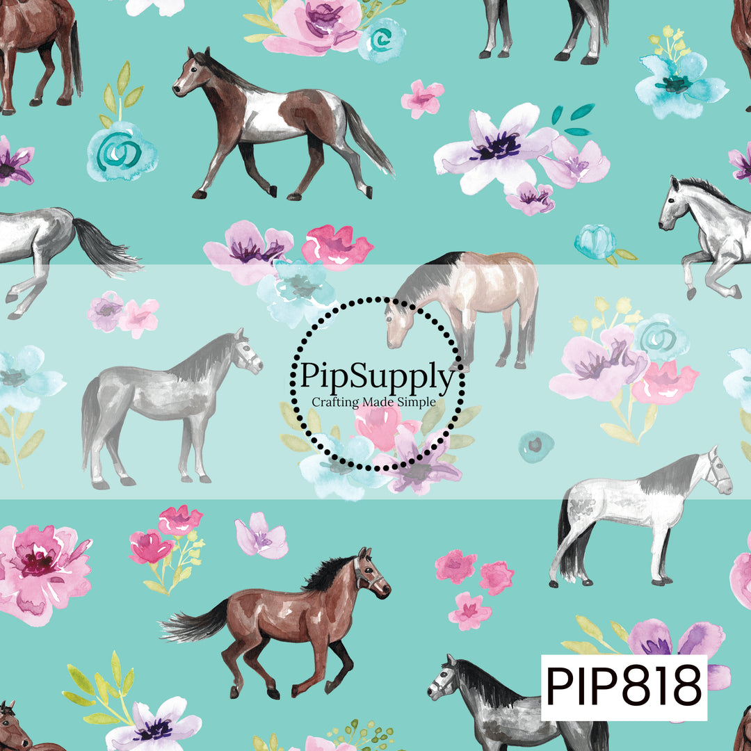 A charming equestrian pattern featuring watercolor horses in a variety of poses, surrounded by soft floral accents in shades of pink, lavender, and aqua. Set against a vibrant aqua background, the design combines graceful horse illustrations with delicate blooms to create a whimsical, feminine pattern perfect for horse lovers and country-inspired collections.
