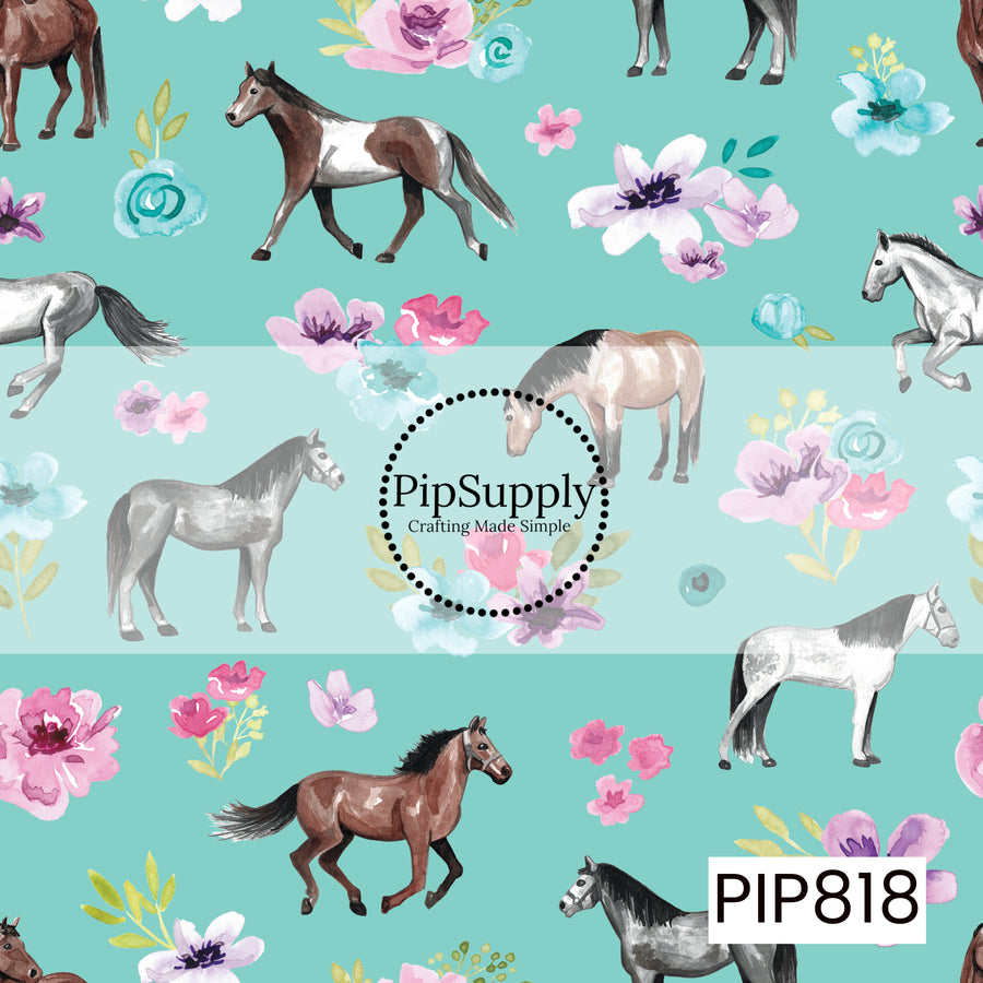 A charming equestrian pattern featuring watercolor horses in a variety of poses, surrounded by soft floral accents in shades of pink, lavender, and aqua. Set against a vibrant aqua background, the design combines graceful horse illustrations with delicate blooms to create a whimsical, feminine pattern perfect for horse lovers and country-inspired collections.
