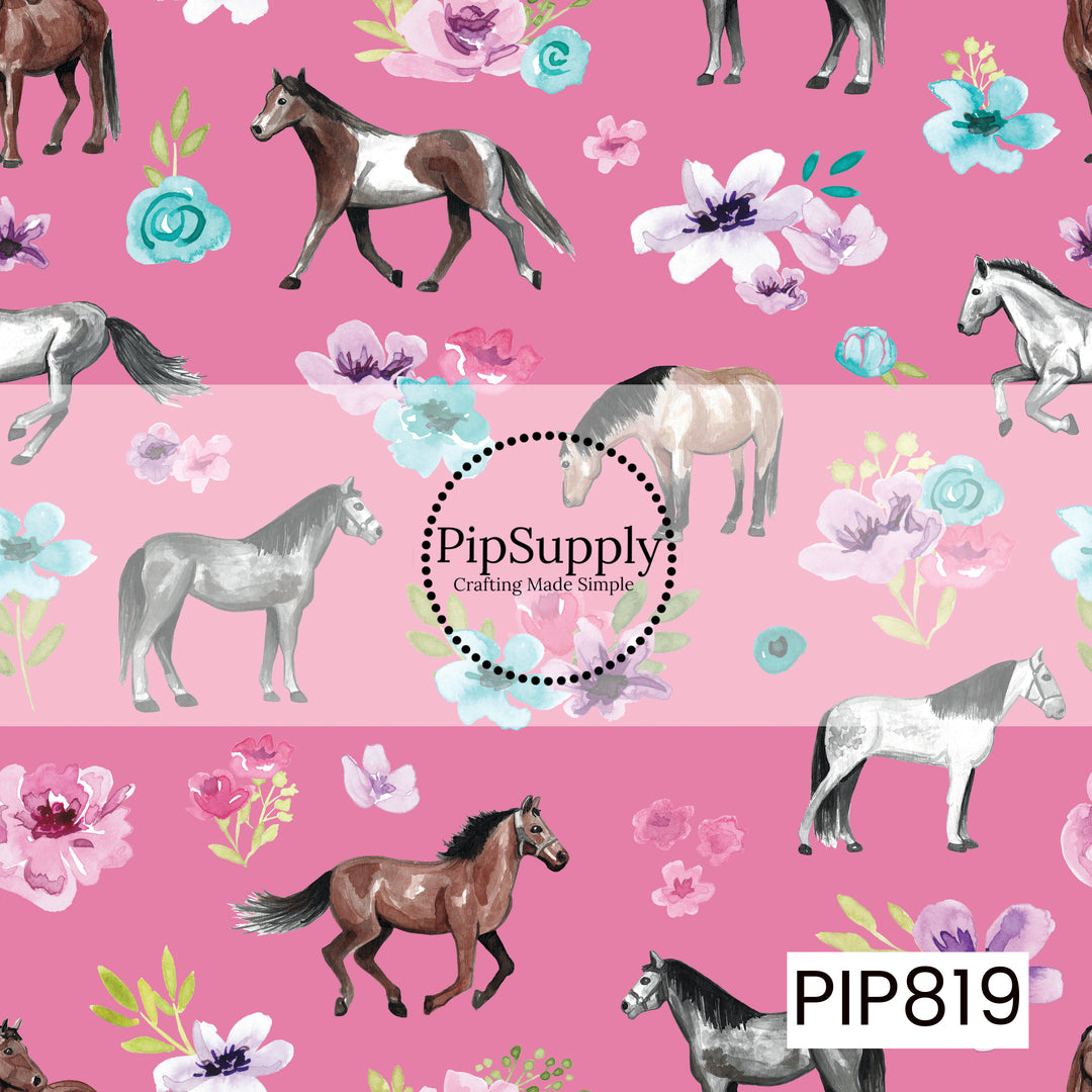 A charming equestrian pattern featuring watercolor horses in a variety of poses, surrounded by soft floral accents in shades of pink, lavender, and aqua. Set against a vibrant dark pink background, the design combines graceful horse illustrations with delicate blooms to create a whimsical, feminine pattern perfect for horse lovers and country-inspired collections.
