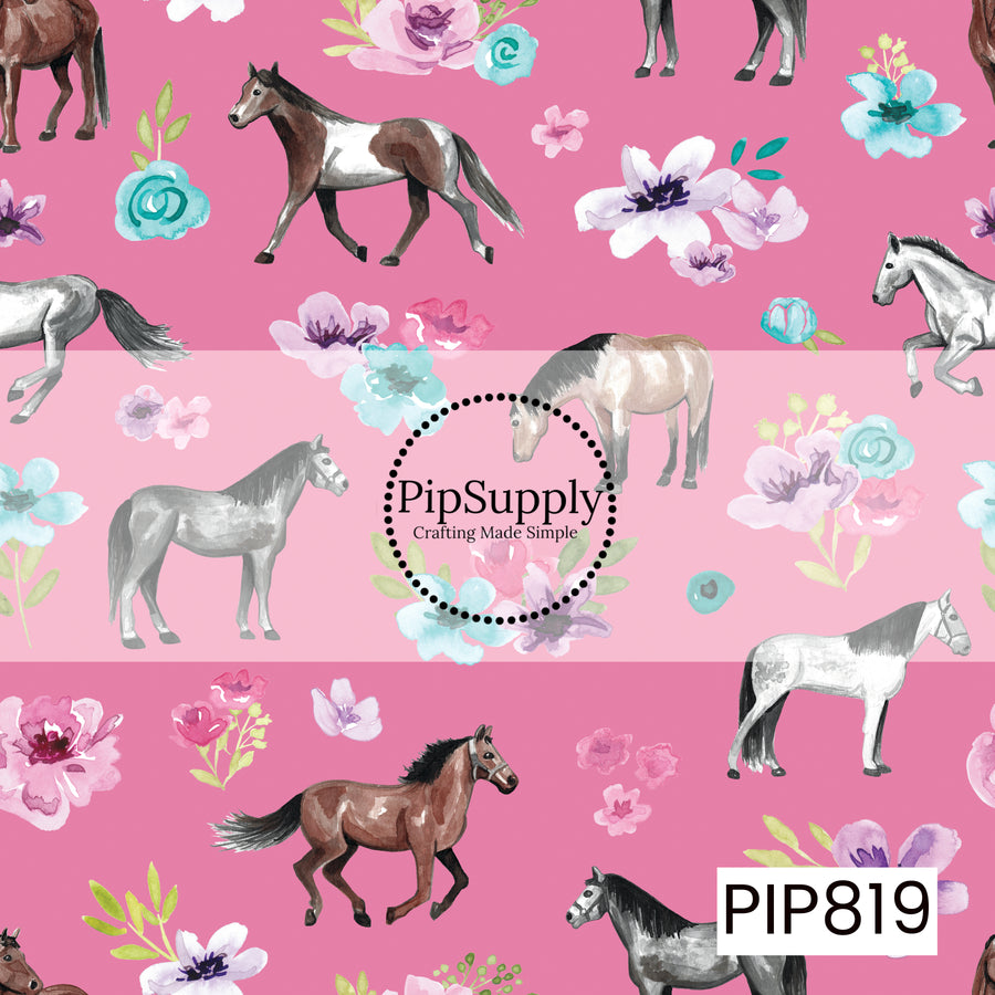 A charming equestrian pattern featuring watercolor horses in a variety of poses, surrounded by soft floral accents in shades of pink, lavender, and aqua. Set against a vibrant dark pink background, the design combines graceful horse illustrations with delicate blooms to create a whimsical, feminine pattern perfect for horse lovers and country-inspired collections.
