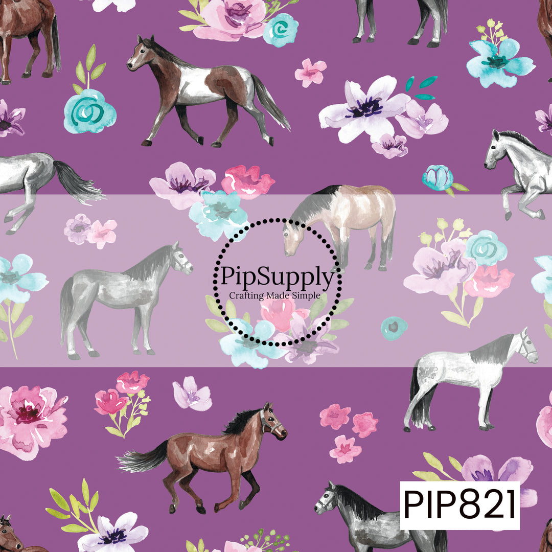 A charming equestrian pattern featuring watercolor horses in a variety of poses, surrounded by soft floral accents in shades of pink, lavender, and aqua. Set against a vibrant dark purple background, the design combines graceful horse illustrations with delicate blooms to create a whimsical, feminine pattern perfect for horse lovers and country-inspired collections.
