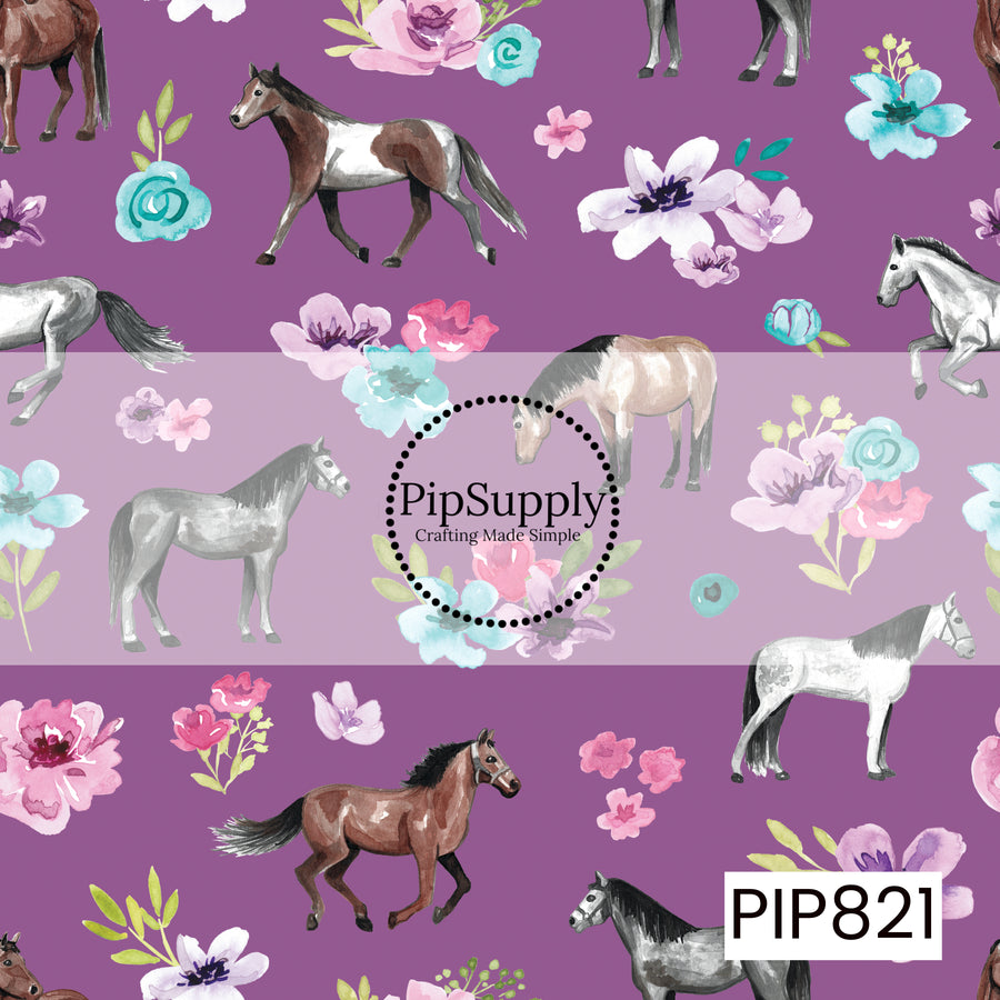 A charming equestrian pattern featuring watercolor horses in a variety of poses, surrounded by soft floral accents in shades of pink, lavender, and aqua. Set against a vibrant dark purple background, the design combines graceful horse illustrations with delicate blooms to create a whimsical, feminine pattern perfect for horse lovers and country-inspired collections.
