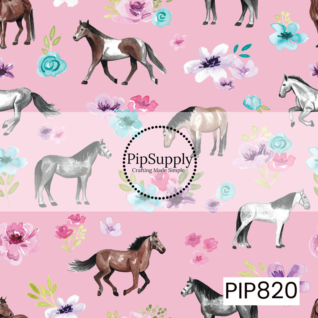 A charming equestrian pattern featuring watercolor horses in a variety of poses, surrounded by soft floral accents in shades of pink, lavender, and aqua. Set against a vibrant pink background, the design combines graceful horse illustrations with delicate blooms to create a whimsical, feminine pattern perfect for horse lovers and country-inspired collections.
