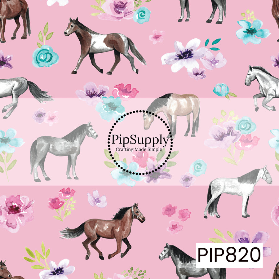 A charming equestrian pattern featuring watercolor horses in a variety of poses, surrounded by soft floral accents in shades of pink, lavender, and aqua. Set against a vibrant pink background, the design combines graceful horse illustrations with delicate blooms to create a whimsical, feminine pattern perfect for horse lovers and country-inspired collections.
