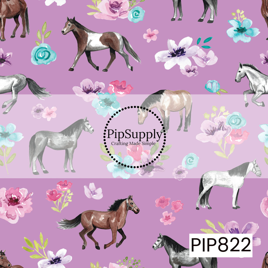 A charming equestrian pattern featuring watercolor horses in a variety of poses, surrounded by soft floral accents in shades of pink, lavender, and aqua. Set against a vibrant purple background, the design combines graceful horse illustrations with delicate blooms to create a whimsical, feminine pattern perfect for horse lovers and country-inspired collections.
