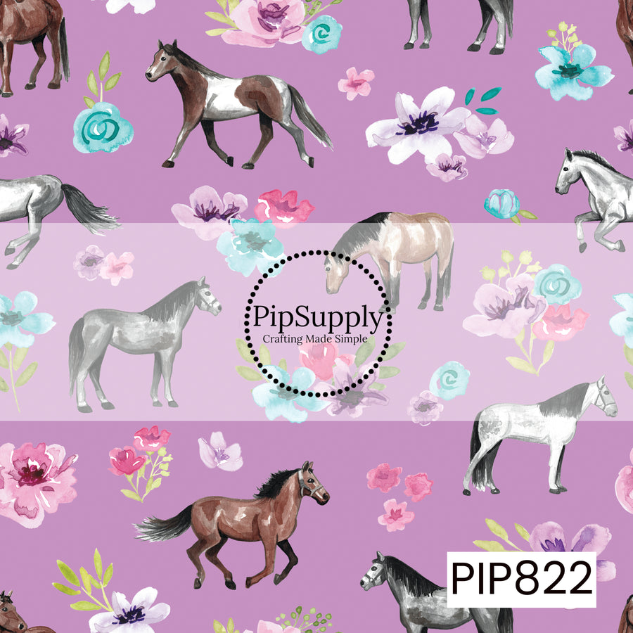 A charming equestrian pattern featuring watercolor horses in a variety of poses, surrounded by soft floral accents in shades of pink, lavender, and aqua. Set against a vibrant purple background, the design combines graceful horse illustrations with delicate blooms to create a whimsical, feminine pattern perfect for horse lovers and country-inspired collections.
