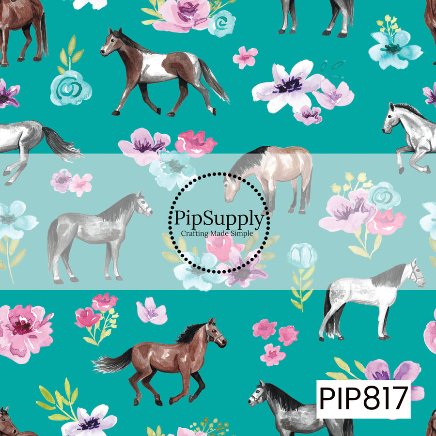 A charming equestrian pattern featuring watercolor horses in a variety of poses, surrounded by soft floral accents in shades of pink, lavender, and aqua. Set against a vibrant teal background, the design combines graceful horse illustrations with delicate blooms to create a whimsical, feminine pattern perfect for horse lovers and country-inspired collections.
