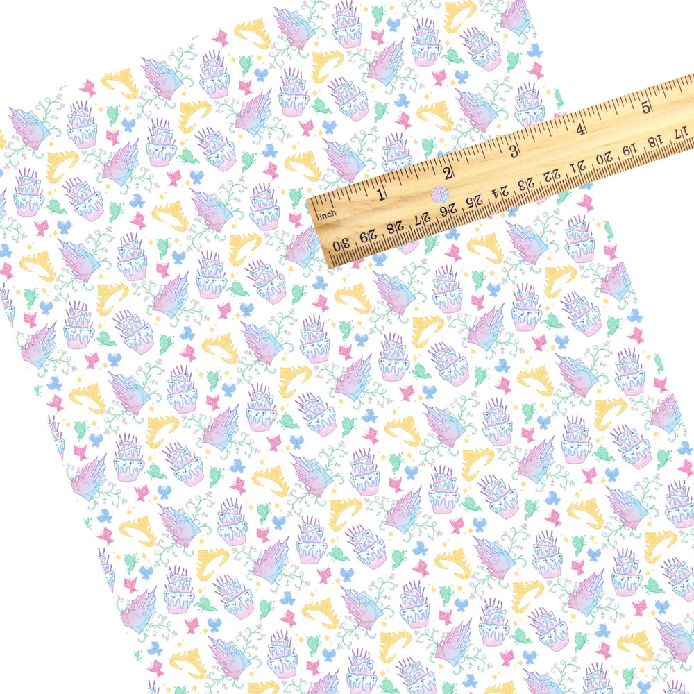 These magical princess themed faux leather sheets contain the following design elements: crowns, butterflies, and birthday cakes. Our CPSIA compliant faux leather sheets or rolls can be used for all types of crafting projects.
