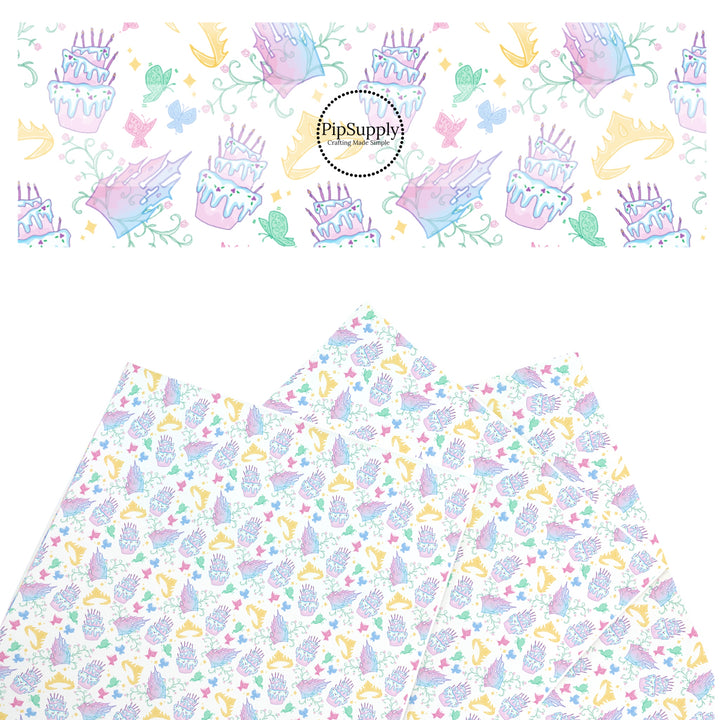 These magical princess themed faux leather sheets contain the following design elements: crowns, butterflies, and birthday cakes. Our CPSIA compliant faux leather sheets or rolls can be used for all types of crafting projects.