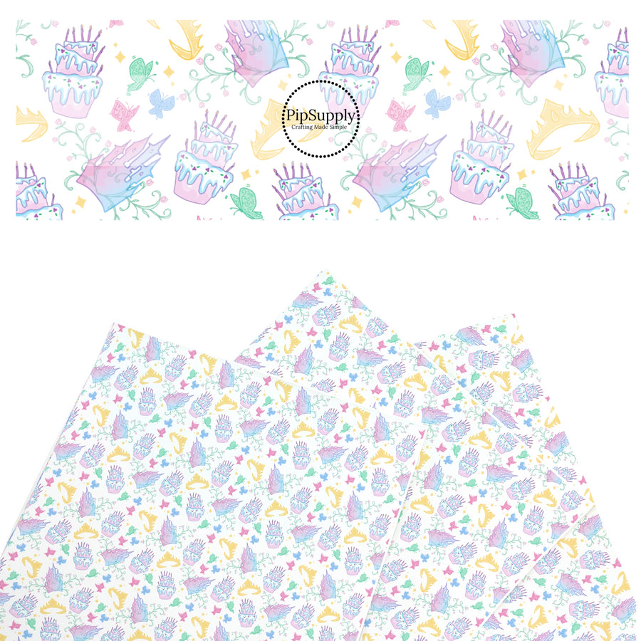 These magical princess themed faux leather sheets contain the following design elements: crowns, butterflies, and birthday cakes. Our CPSIA compliant faux leather sheets or rolls can be used for all types of crafting projects.
