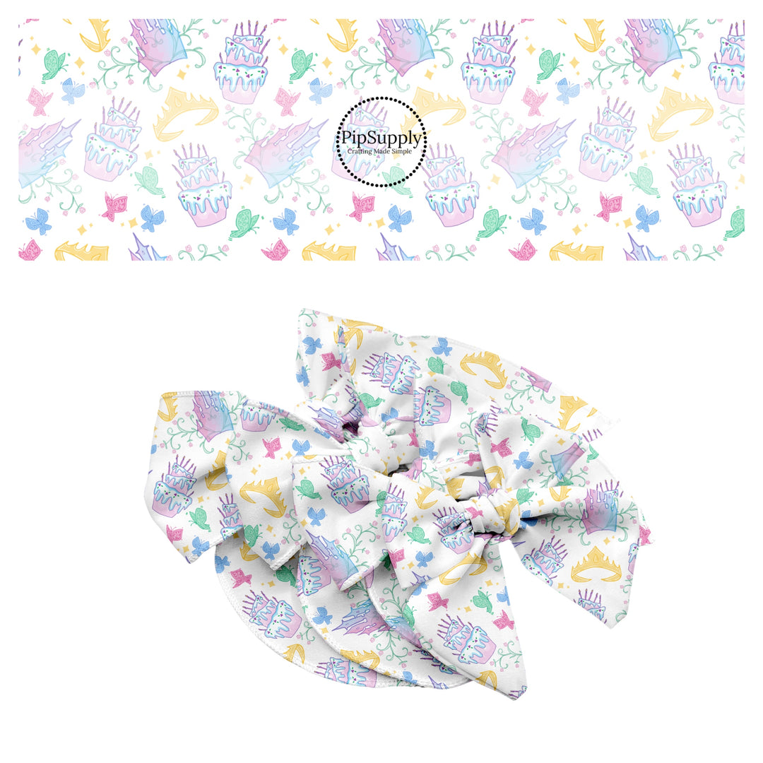 These magical princess themed no sew bow strips can be easily tied and attached to a clip for a finished hair bow. These bow strips are great for personal use or to sell. These bow strips feature the following design elements: crowns, butterflies, and birthday cakes.