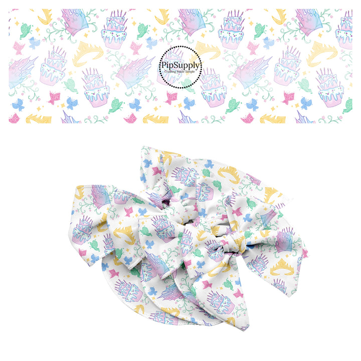 These magical princess themed no sew bow strips can be easily tied and attached to a clip for a finished hair bow. These bow strips are great for personal use or to sell. These bow strips feature the following design elements: crowns, butterflies, and birthday cakes.