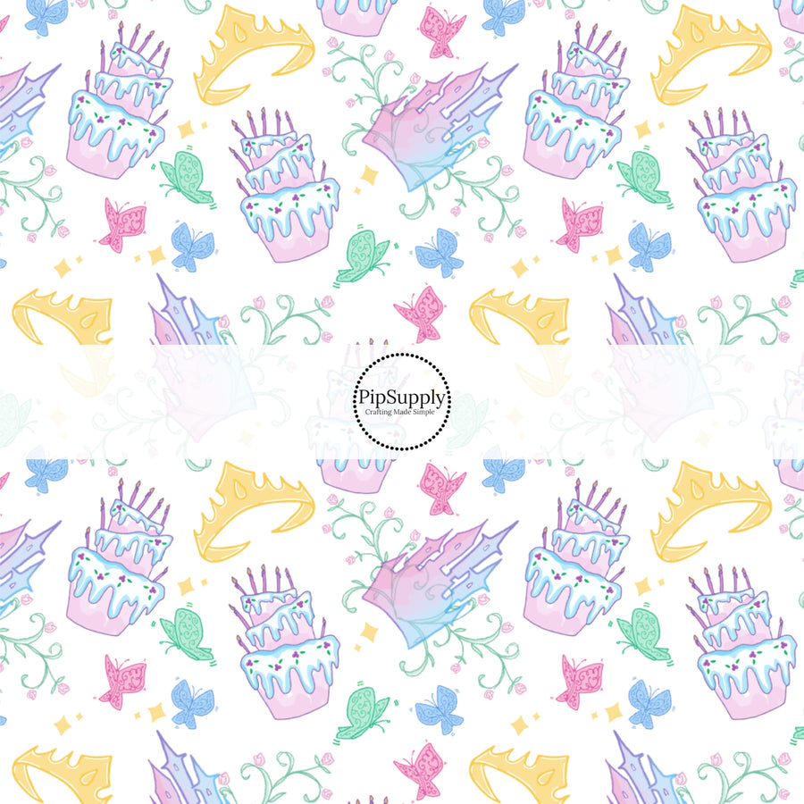 These magical princess themed no sew bow strips can be easily tied and attached to a clip for a finished hair bow. These bow strips are great for personal use or to sell. These bow strips feature the following design elements: crowns, butterflies, and birthday cakes.