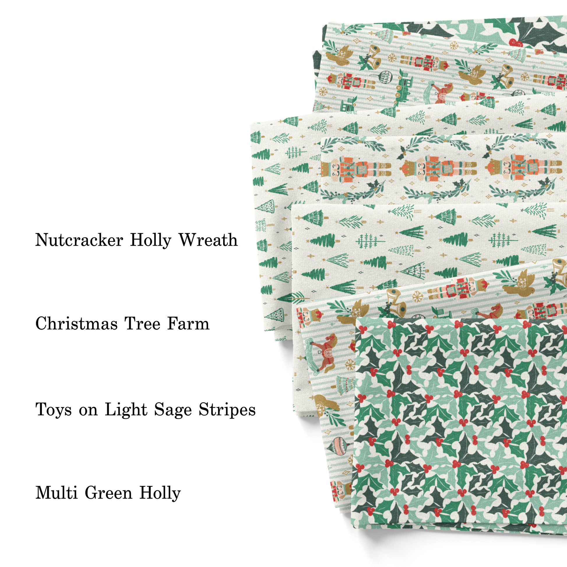 Hufton Studios Christmas fabric swatches with nutcrackers and holly leaves.