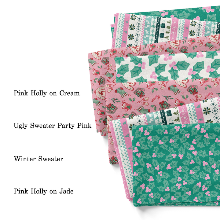 Vivie and Ash green and pink Christmas fabric by the yard swatches.