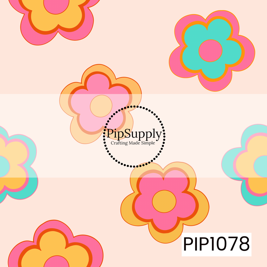 A playful retro floral pattern featuring oversized mod-inspired flowers in bright shades of hot pink, golden yellow, aqua, and peach on a soft blush background. The bold color palette and simple flower shapes create a cheerful vintage-inspired design with a fun, groovy feel.
