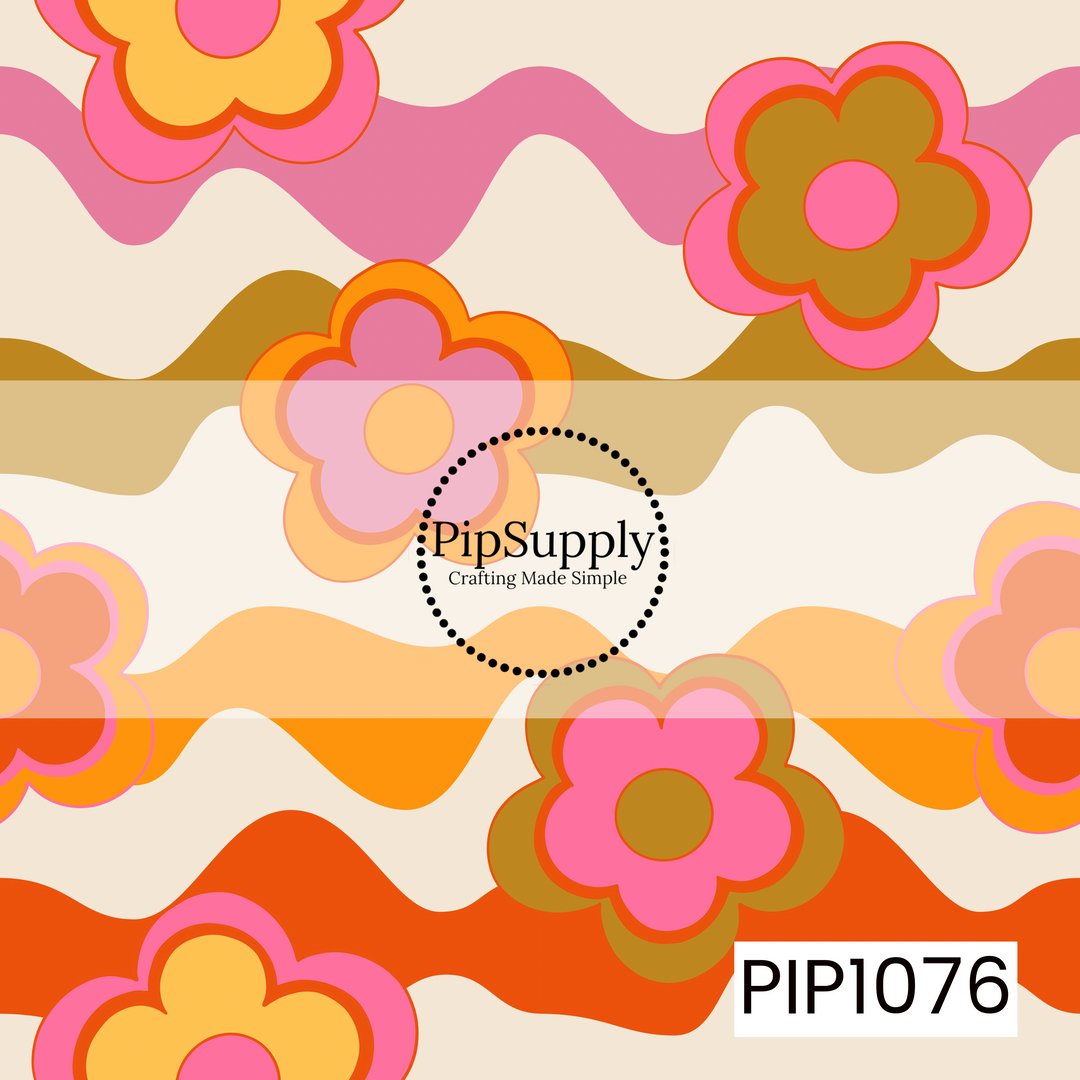 A cheerful retro floral pattern featuring oversized groovy flowers in shades of pink, mustard, golden yellow, orange, and peach scattered across layered wavy stripes on a warm cream background. The bold color palette and playful 70s-inspired shapes create a fun, vintage design full of movement and nostalgic charm.
