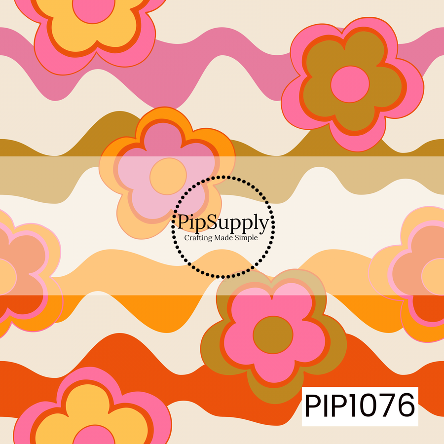 A cheerful retro floral pattern featuring oversized groovy flowers in shades of pink, mustard, golden yellow, orange, and peach scattered across layered wavy stripes on a warm cream background. The bold color palette and playful 70s-inspired shapes create a fun, vintage design full of movement and nostalgic charm.
