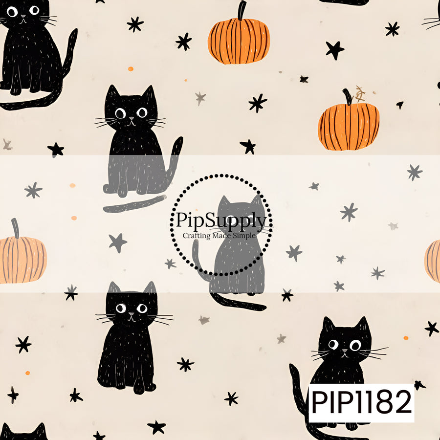 A playful Halloween print featuring whimsical black cats, bright orange pumpkins, and scattered hand-drawn stars on a warm cream background. The simple illustrated style gives it a charming, slightly spooky feel while still staying cute and kid-friendly.
