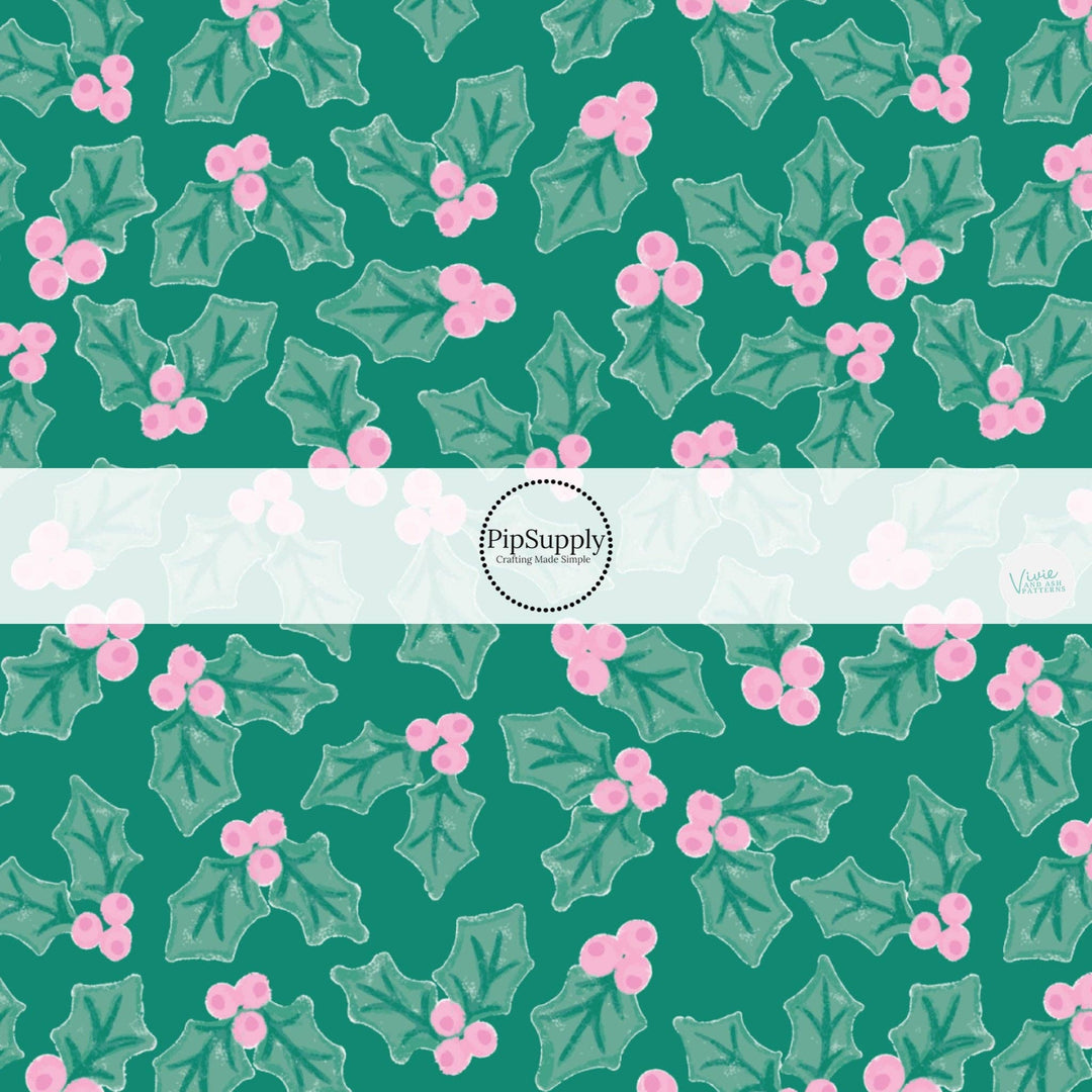 Pink Holly on Jade Hair Bow Strips